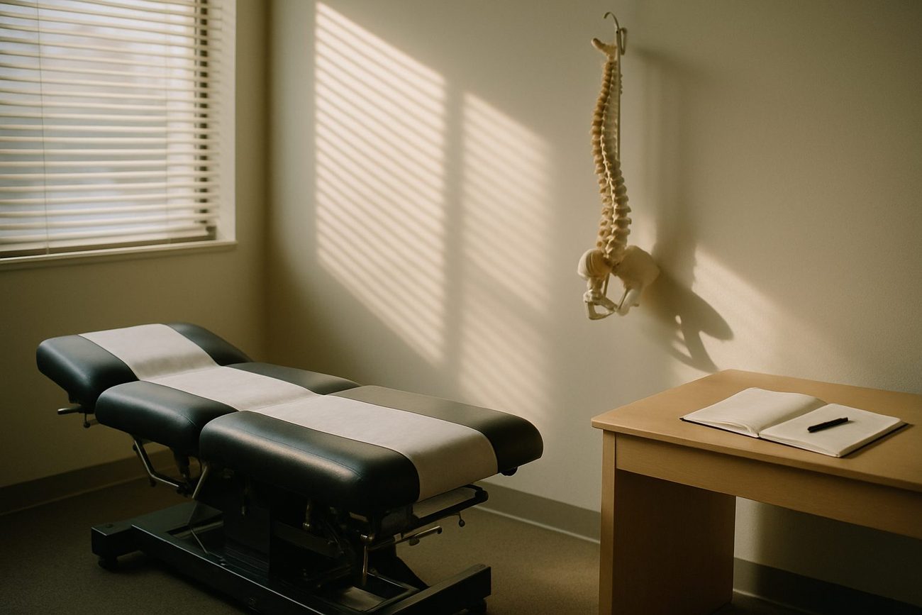 A quiet chiropractic exam room in morning light: a treatment table with fresh paper, a spine model hanging on the wall, and a desk with an open paper chart and a pen, window blinds casting stripes of light.