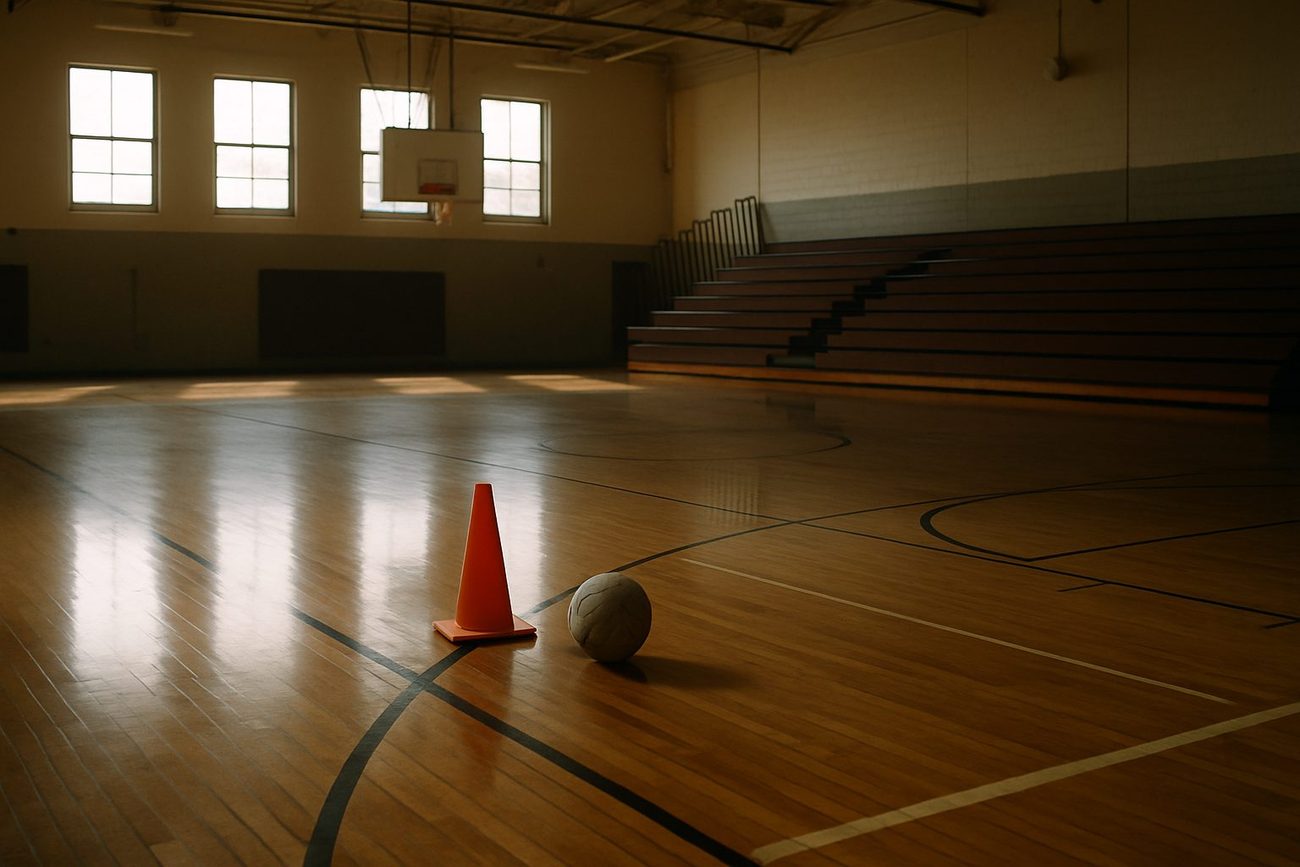 An empty high school gymnasium in early morning, polished hardwood floor with painted court lines, an orange cone and a volleyball near the baseline, bleachers folded against the far wall.
