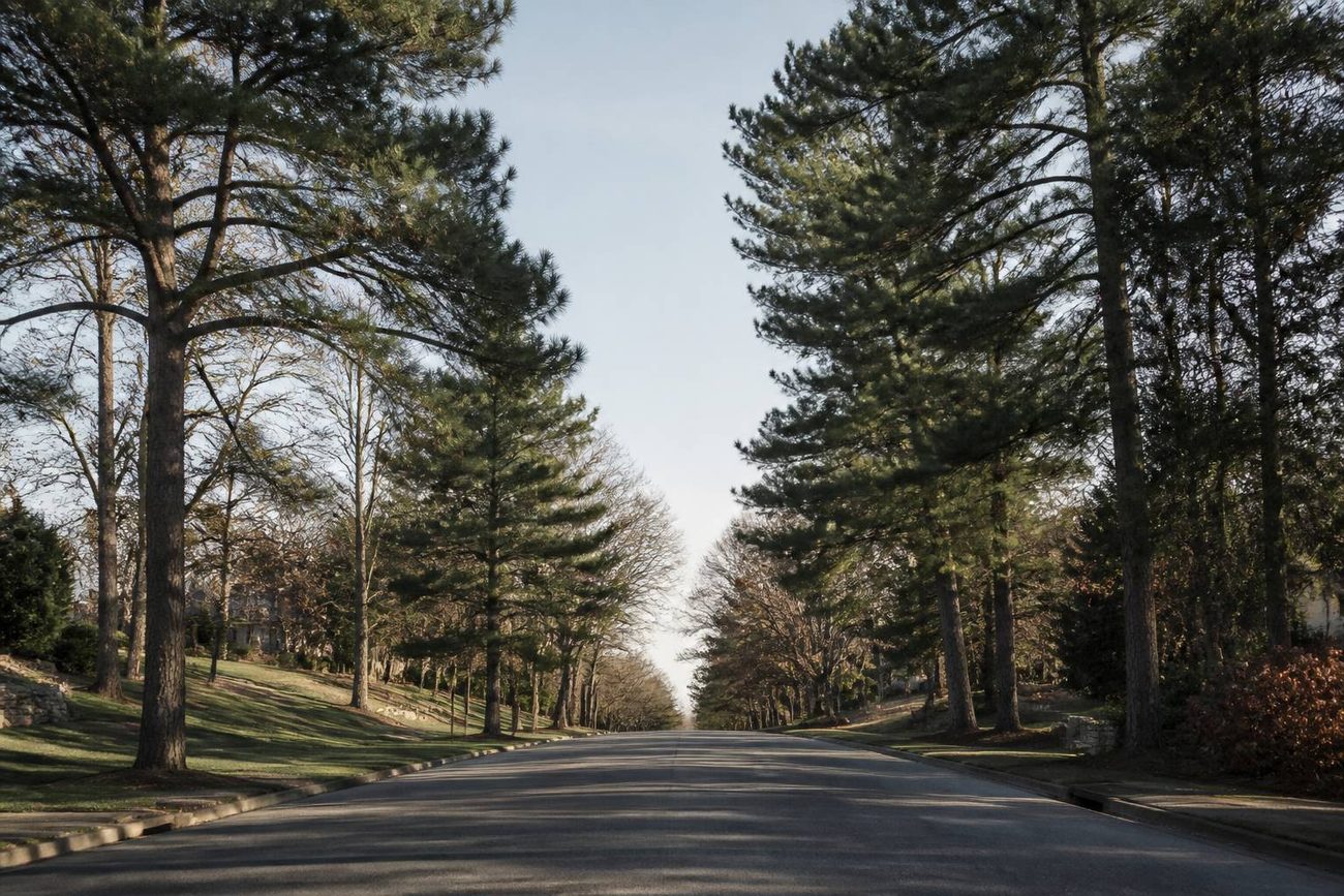 A tree-lined two-lane road in West County, Missouri, under tall pines on a clear afternoon, the kind of street this wire reports on.