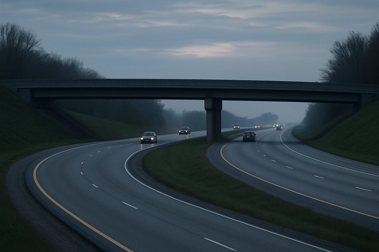 A curving four-lane divided highway at early morning under an overcast sky, light traffic with headlights on, passing beneath a concrete overpass between green embankments.