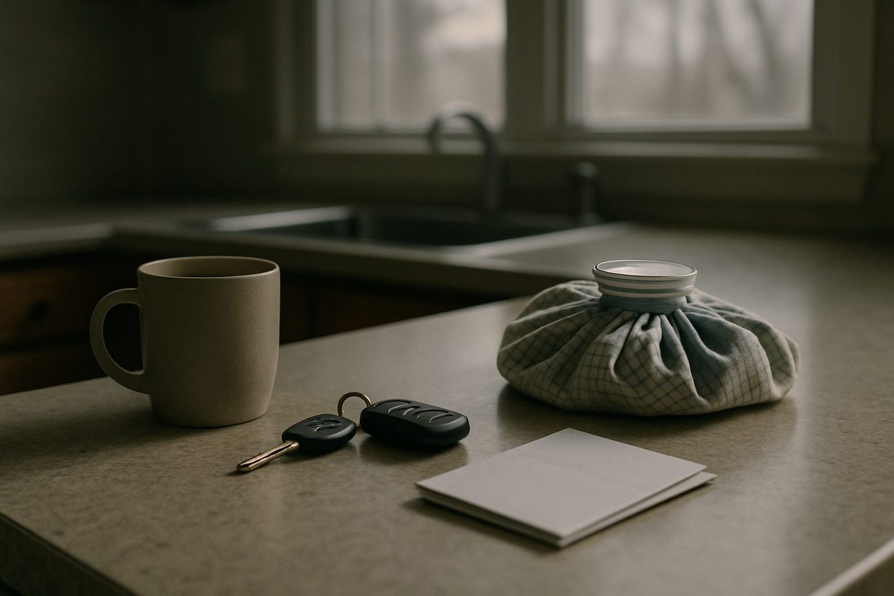 A kitchen counter on a gray morning with a mug of coffee, a set of car keys, a cloth-wrapped ice pack, and a folded envelope beside the sink.