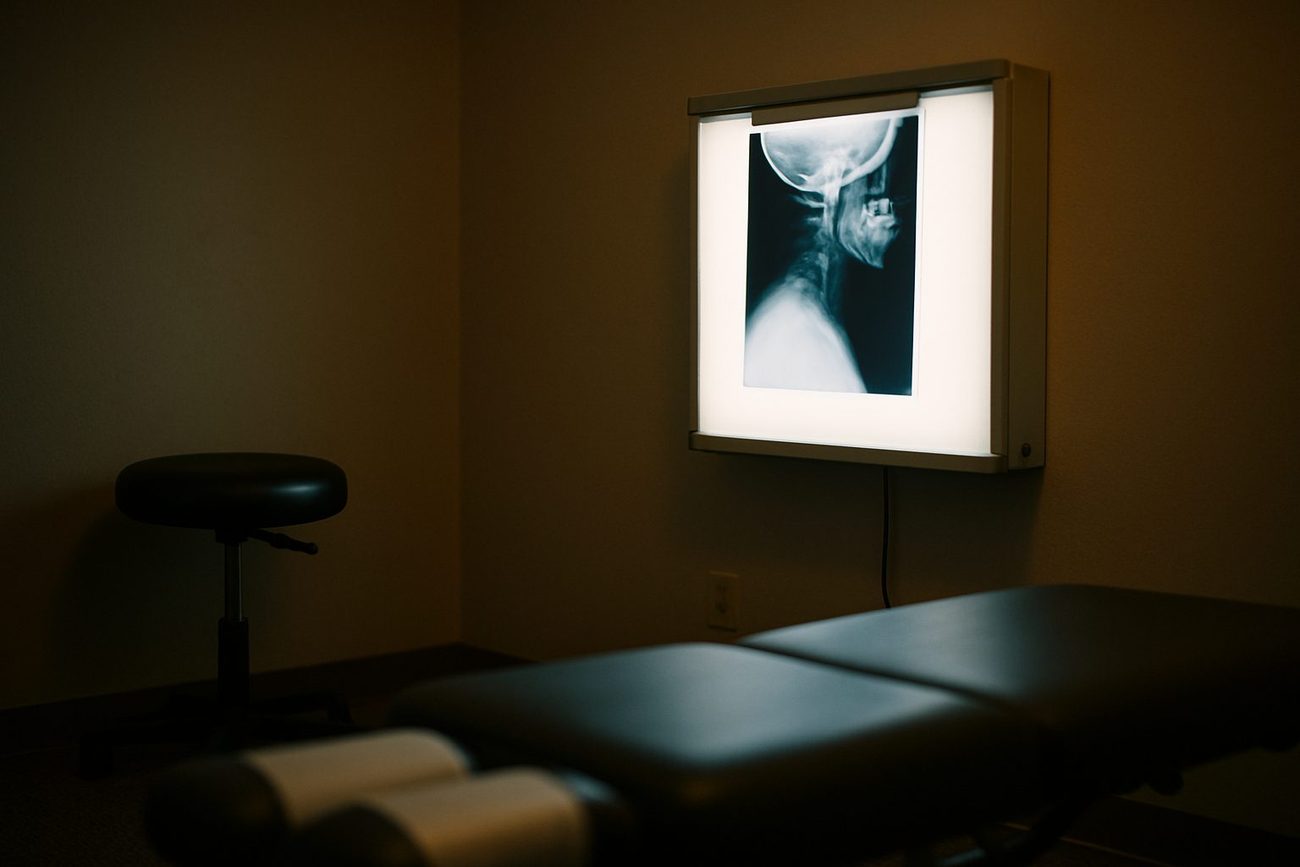 A wall-mounted x-ray lightbox glowing in a dim exam room with a neck radiograph clipped to it, a rolling stool and a treatment table in shadow.