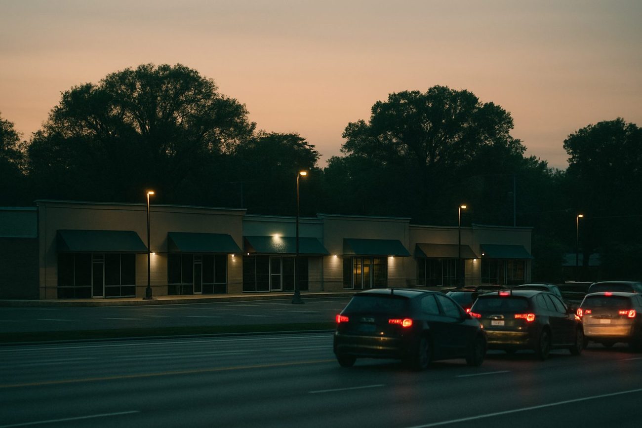 A strip of low storefronts with dark awnings along a six-lane suburban road at dusk, parking lot lights just on, a line of cars with brake lights glowing in the near lanes under a pale orange sky.