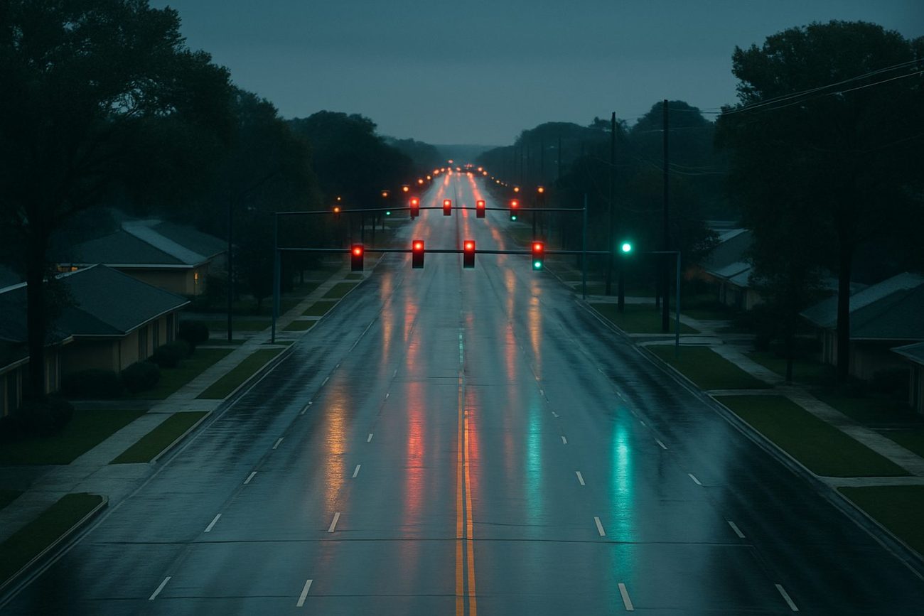 A wet six-lane suburban arterial at blue hour, a row of traffic signals glowing red and green receding into the distance, rooftops and mature trees on both sides.