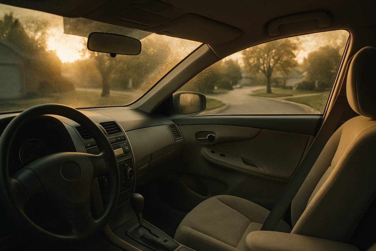 The interior of a parked sedan at sunrise, seat belt buckled across the empty driver seat, looking through a dew-covered windshield at a tree-lined suburban street.