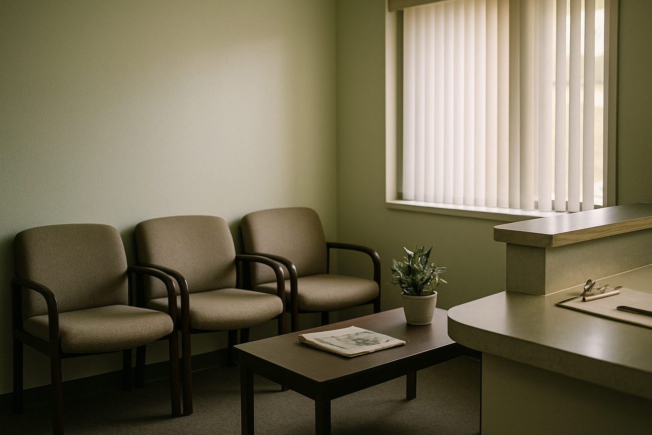 A small clinic waiting room in late morning light: three upholstered chairs against a pale green wall, a low table with a folded paper and a potted plant, and a reception counter by the window.